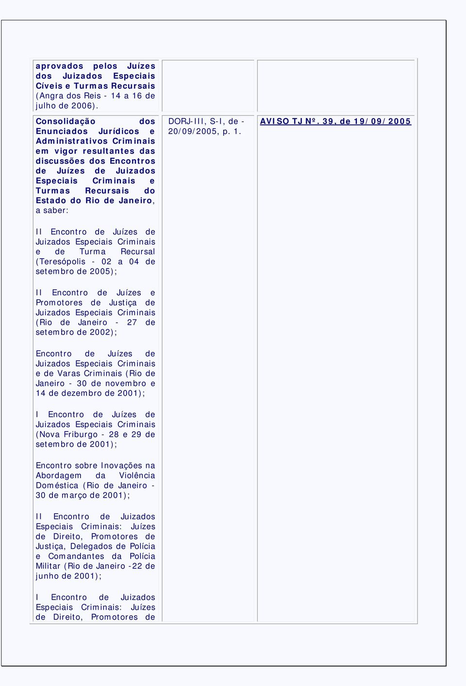 Janeiro, a saber: II Encontro de Juízes de Juizados Especiais Criminais e de Turma Recursal (Teresópolis - 02 a 04 de setembro de 2005); II Encontro de Juízes e Promotores de Justiça de Juizados