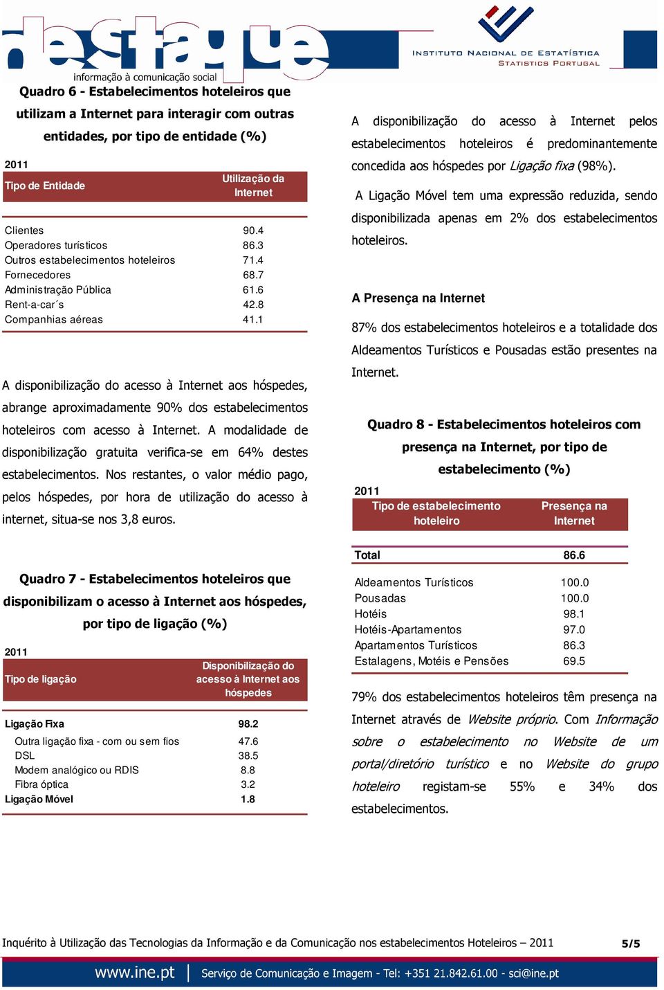 1 A disponibilização do acesso à Internet aos hóspedes, abrange aproximadamente 90% dos estabelecimentos hoteleiros com acesso à Internet.