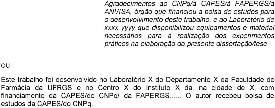 da presente dissertação/tese OU Este trabalho foi desenvolvido no Laboratório X do Departamento X da Faculdade de Farmácia da UFRGS e no