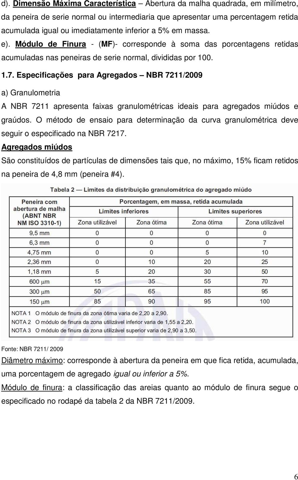 Especificações para Agregados NBR 7211/2009 a) Granulometria A NBR 7211 apresenta faixas granulométricas ideais para agregados miúdos e graúdos.