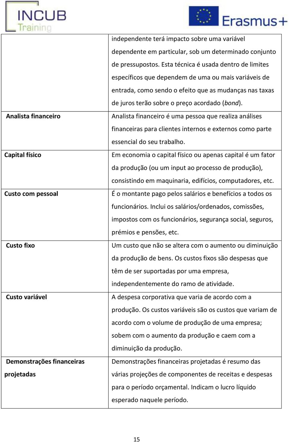 Analista financeiro Capital físico Custo com pessoal Custo fixo Custo variável Demonstrações financeiras projetadas Analista financeiro é uma pessoa que realiza análises financeiras para clientes