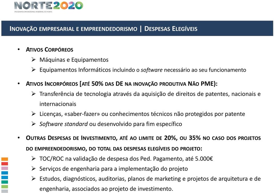 não protegidos por patente Software standard ou desenvolvido para fim específico OUTRAS DESPESAS DE INVESTIMENTO, ATÉ AO LIMITE DE 20%, OU 35% NO CASO DOS PROJETOS DO EMPREENDEDORISMO, DO TOTAL DAS