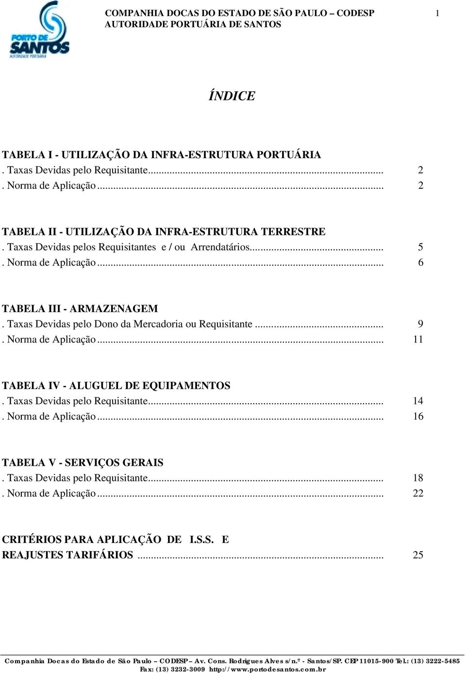 Taxas Devidas pelo Dono da Mercadoria ou Requisitante... 9. Norma de Aplicação... 11 TABELA IV - ALUGUEL DE EQUIPAMENTOS. Taxas Devidas pelo Requisitante... 14.