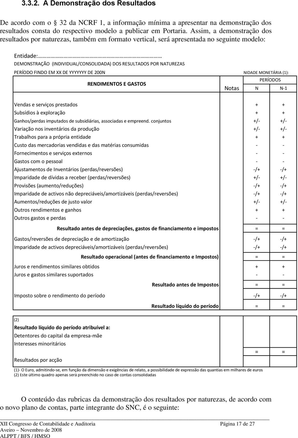 PERÍODO FINDO EM XX DE YYYYYYY DE 200N RENDIMENTOS E GASTOS UNIDADE MONETÁRIA (1): PERÍODOS Notas N N-1 Vendas e serviços prestados + + Subsídios à exploração + + Ganhos/perdas imputados de