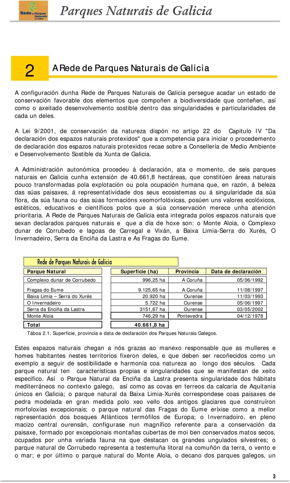 A Lei 9/2001, de conservación da natureza dispón no artigo 22 do Capitulo IV "Da declaración dos espazos naturais protexidos" que a competencia para iniciar o procedemento de declaración dos espazos