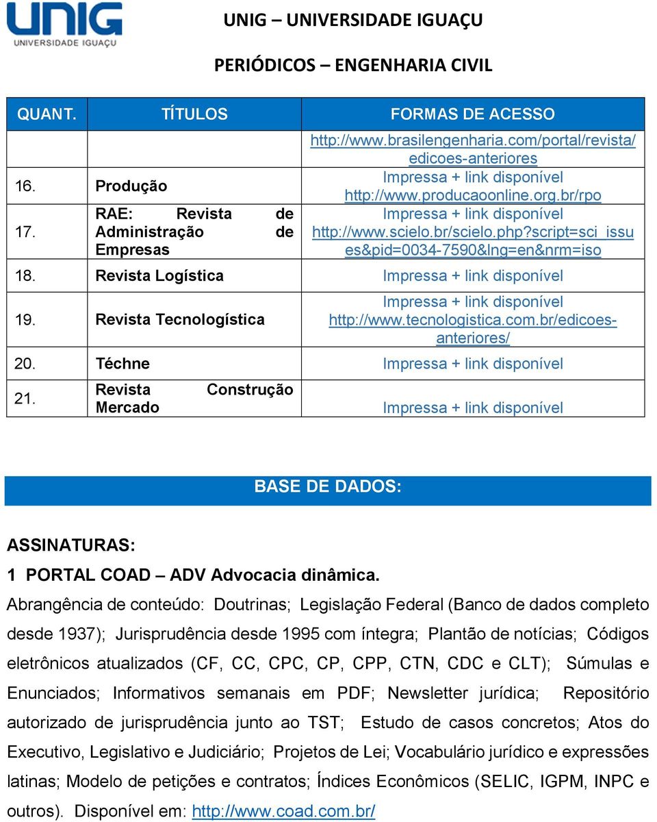 Revista Mercado Construção BASE DE DADOS: ASSINATURAS: 1 PORTAL COAD ADV Advocacia dinâmica.