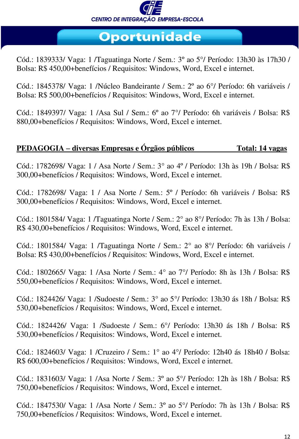 : 6º ao 7 / Período: 6h variáveis / Bolsa: R$ 880,00+benefícios / Requisitos: Windows, Word, Excel e internet. PEDAGOGIA diversas Empresas e Órgãos públicos Total: 14 vagas Cód.