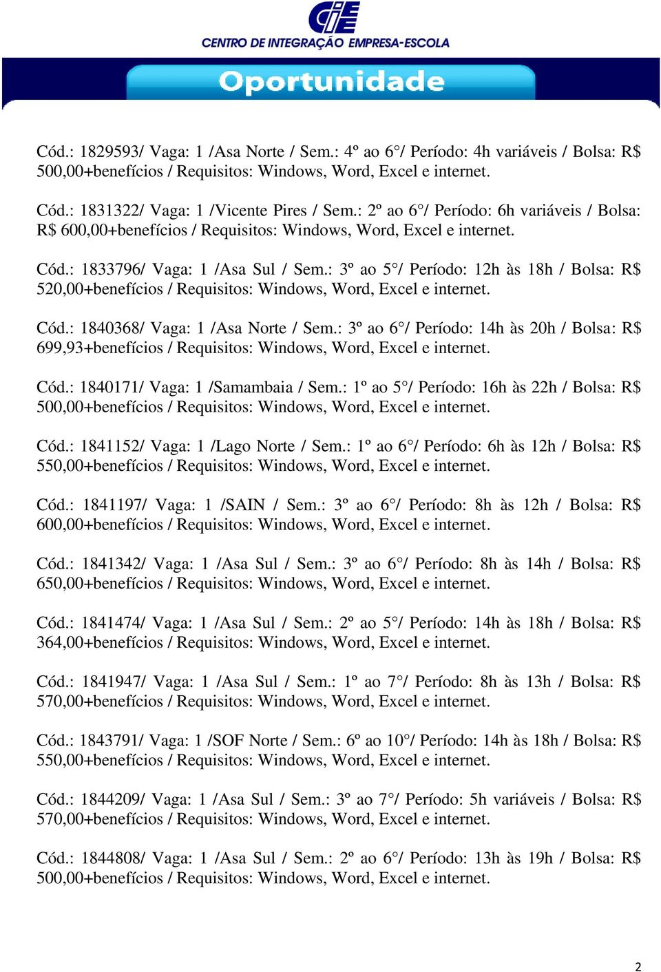 : 3º ao 6 / Período: 14h às 20h / Bolsa: R$ 699,93+benefícios / Requisitos: Windows, Word, Excel e internet. Cód.: 1840171/ Vaga: 1 /Samambaia / Sem.: 1º ao 5 / Período: 16h às 22h / Bolsa: R$ Cód.