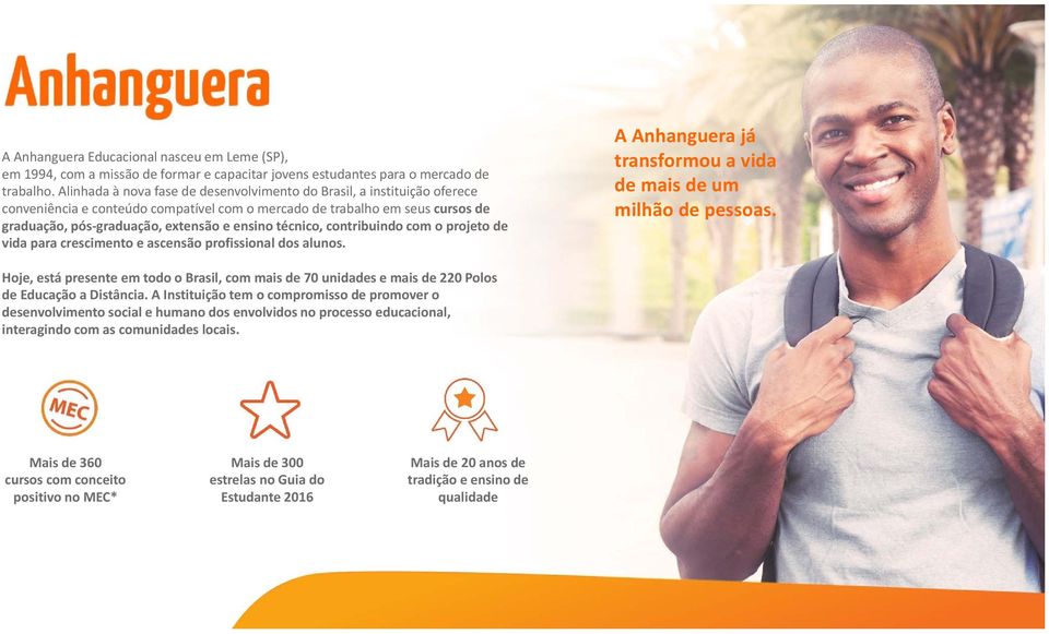 técnico, contribuindo com o projeto de vida para crescimento e ascensão profissional dos alunos. A Anhanguera já transformou a vida de mais de um milhão de pessoas.