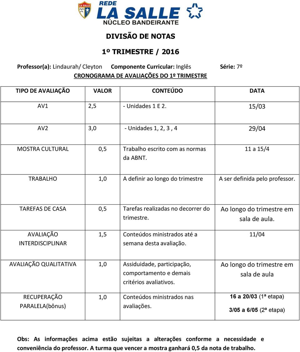 15/03 AV2 3,0 - Unidades 1, 2, 3, 4 29/04 11 a 15/4 TRABALHO 1,0 A