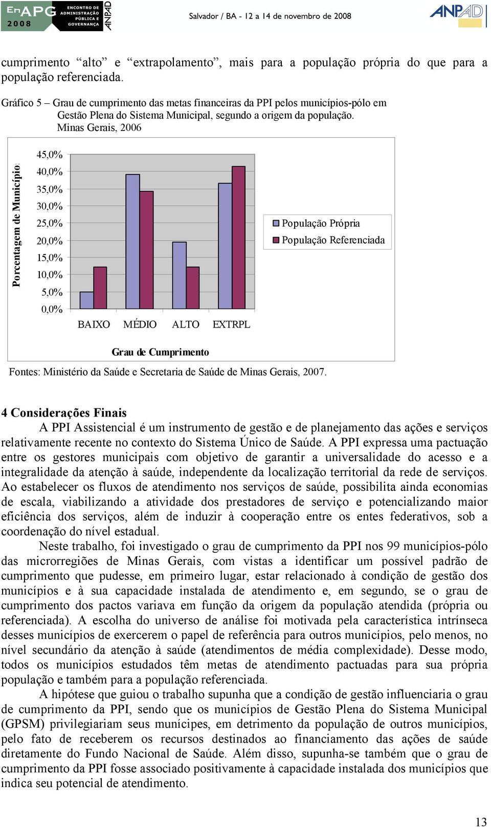 Minas Gerais, 2006 Porcentagem de Municípios 45,0% 40,0% 35,0% 30,0% 25,0% 20,0% 15,0% 10,0% 5,0% 0,0% BAIXO MÉDIO ALTO EXTRPL Grau de Cumprimento População Própria População Referenciada 4