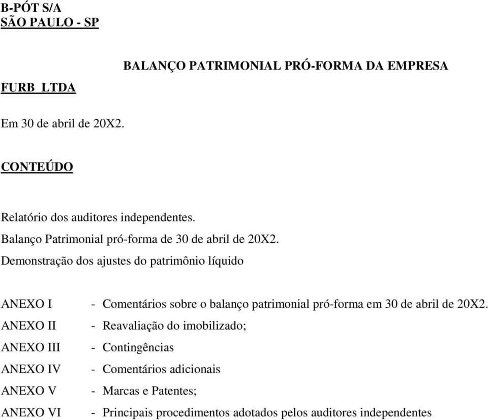 Demonstração dos ajustes do patrimônio líquido ANEXO I - Comentários sobre o balanço patrimonial pró-forma em 30 de abril de 20X2.