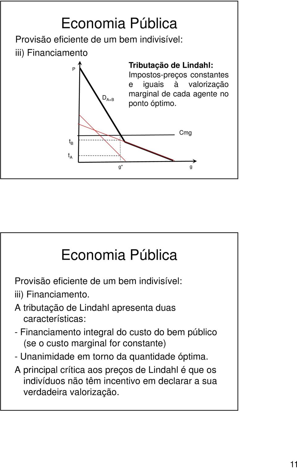 i A tributação de Lindahl apresenta duas características: - Financiamento interal do custo do bem público (se o custo marinal for