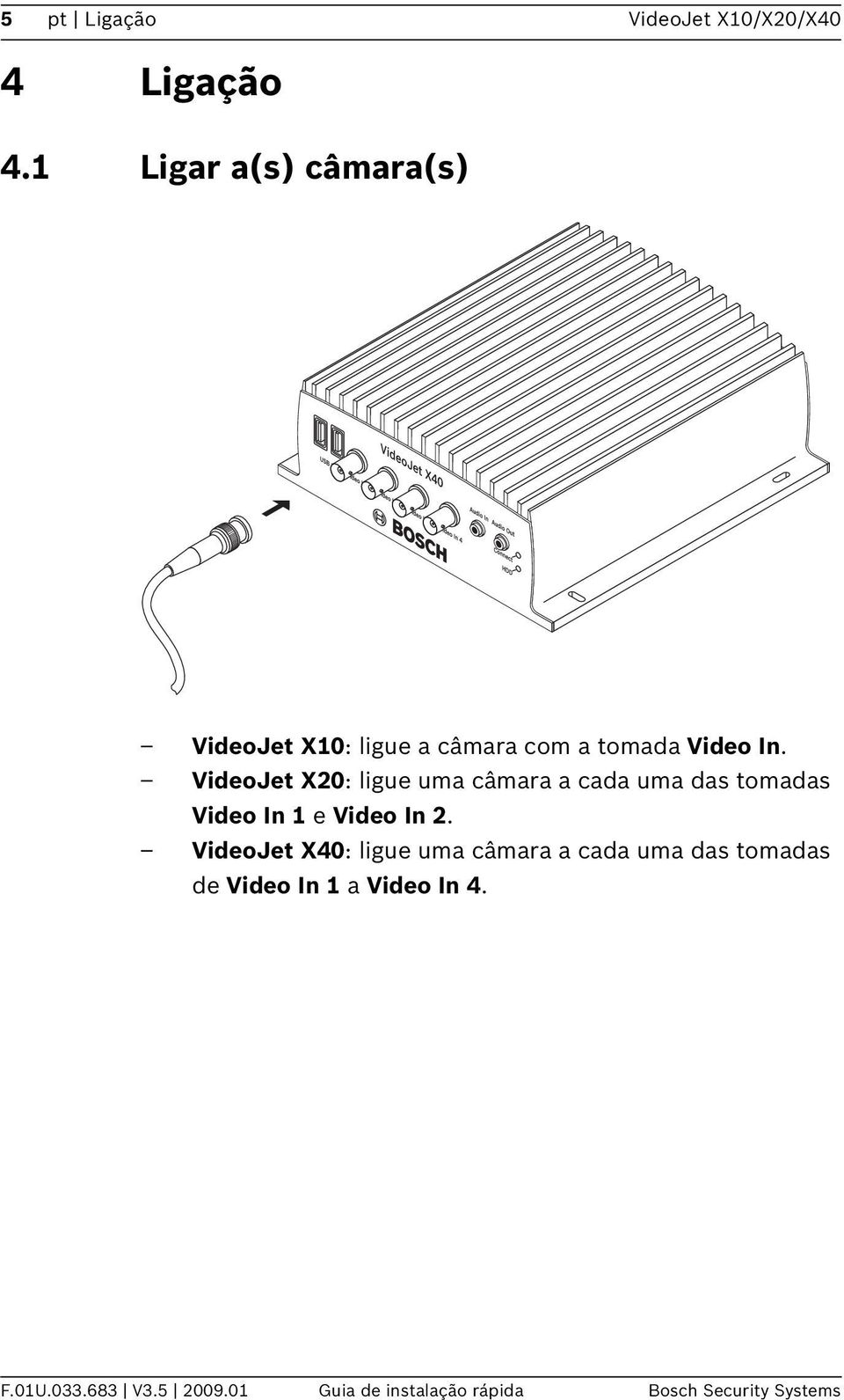 VideoJet X20: ligue uma câmara a cada uma das tomadas Video In 1 e Video In 2.