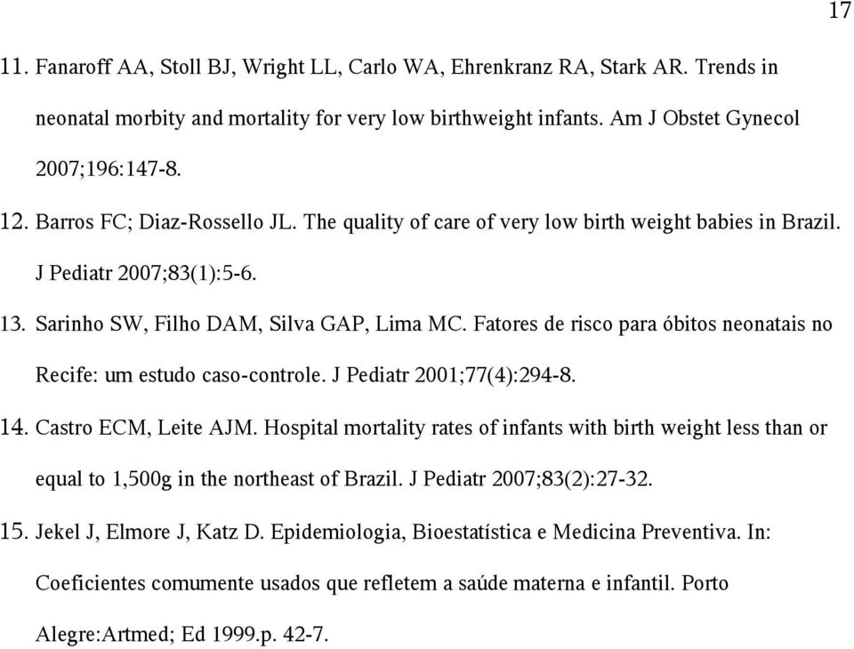 Fatores de risco para óbitos neonatais no Recife: um estudo caso-controle. J Pediatr 2001;77(4):294-8. 14. Castro ECM, Leite AJM.
