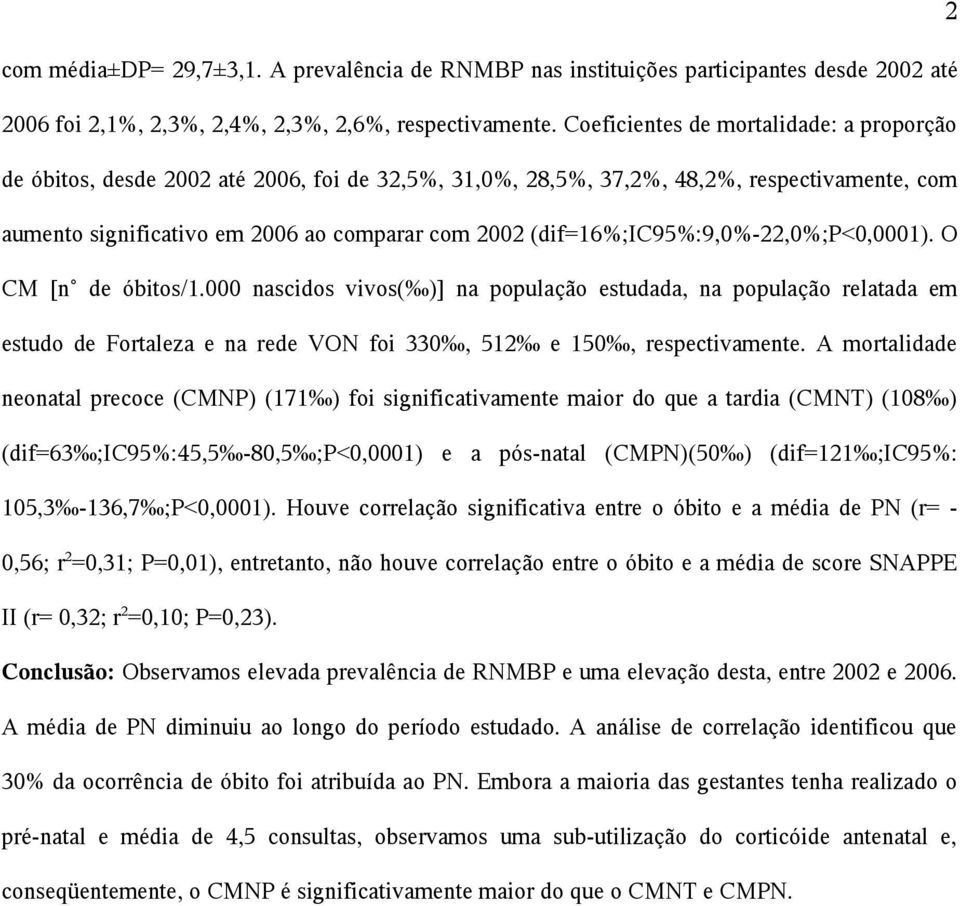 (dif=16%;ic95%:9,0%-22,0%;p<0,0001). O CM [n de óbitos/1.000 nascidos vivos( )] na população estudada, na população relatada em estudo de Fortaleza e na rede VON foi 330, 512 e 150, respectivamente.