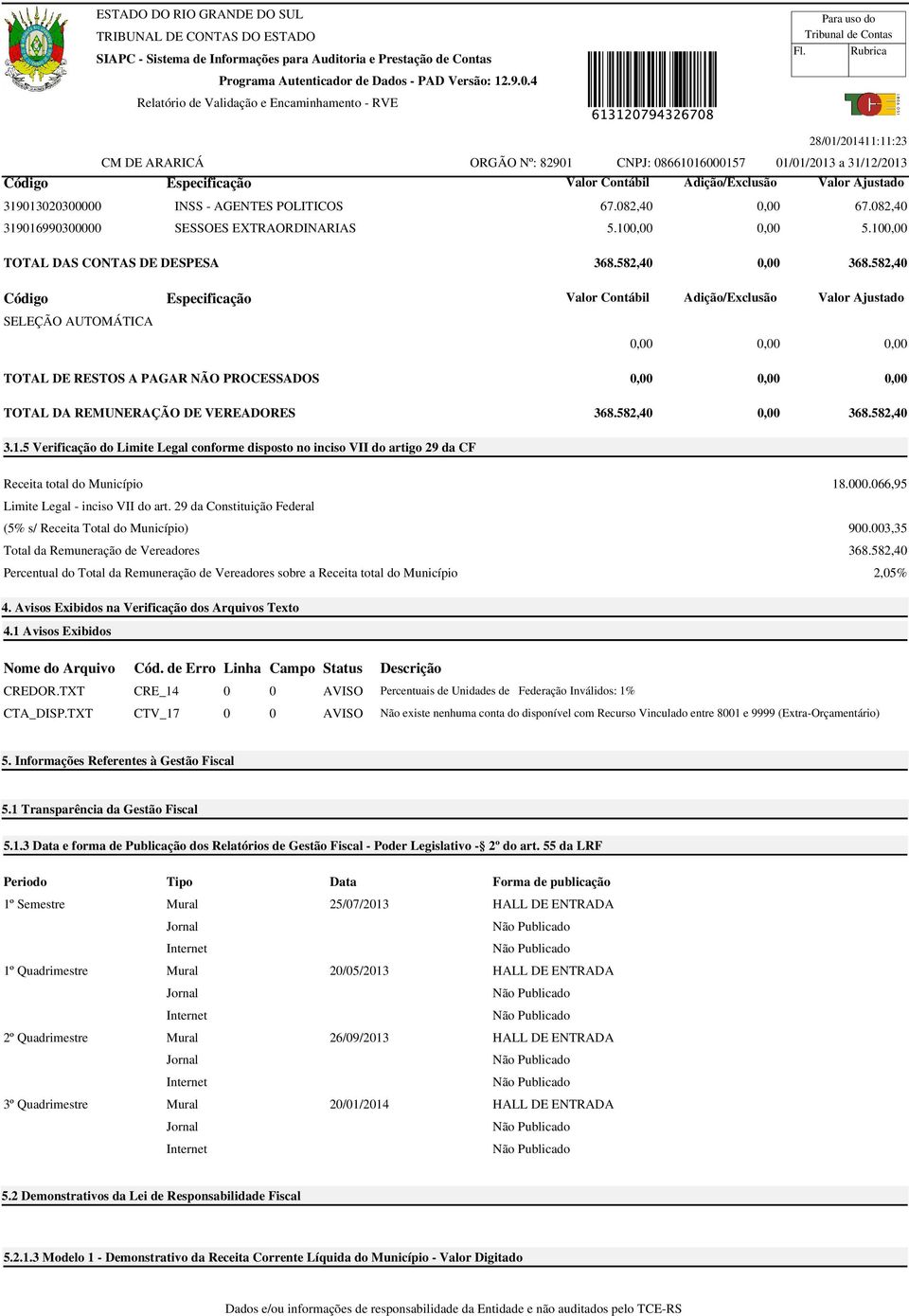 582,40 0,00 368.582,40 3.1.5 Verificação do Limite Legal conforme disposto no inciso VII do artigo 29 da CF Receita total do Município 18.000.066,95 Limite Legal - inciso VII do art.