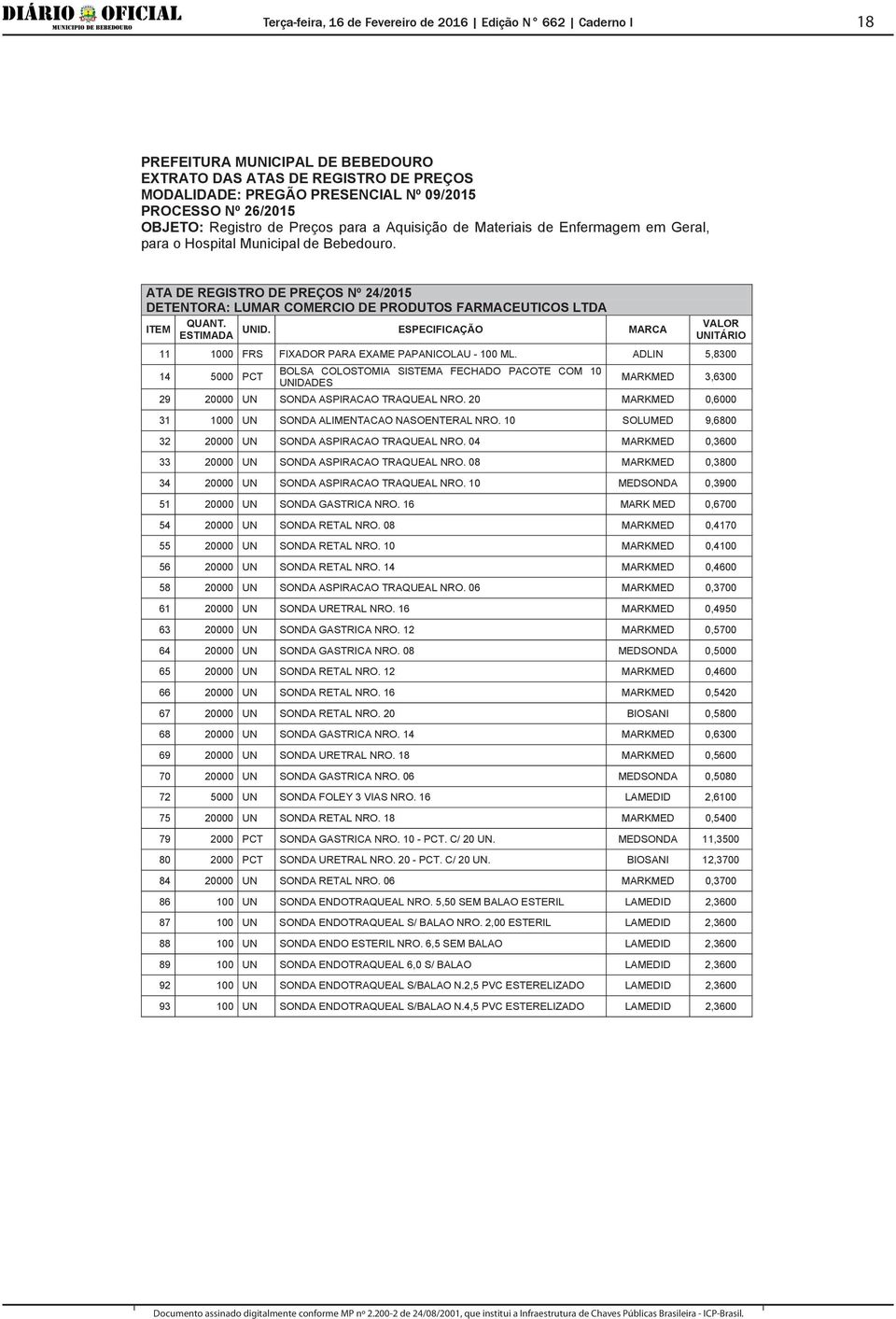 ATA DE REGISTRO DE PREÇOS Nº 24/2015 DETENTORA: LUMAR COMERCIO DE PRODUTOS FARMACEUTICOS LTDA 11 1000 FRS FIXADOR PARA EXAME PAPANICOLAU - 100 ML.