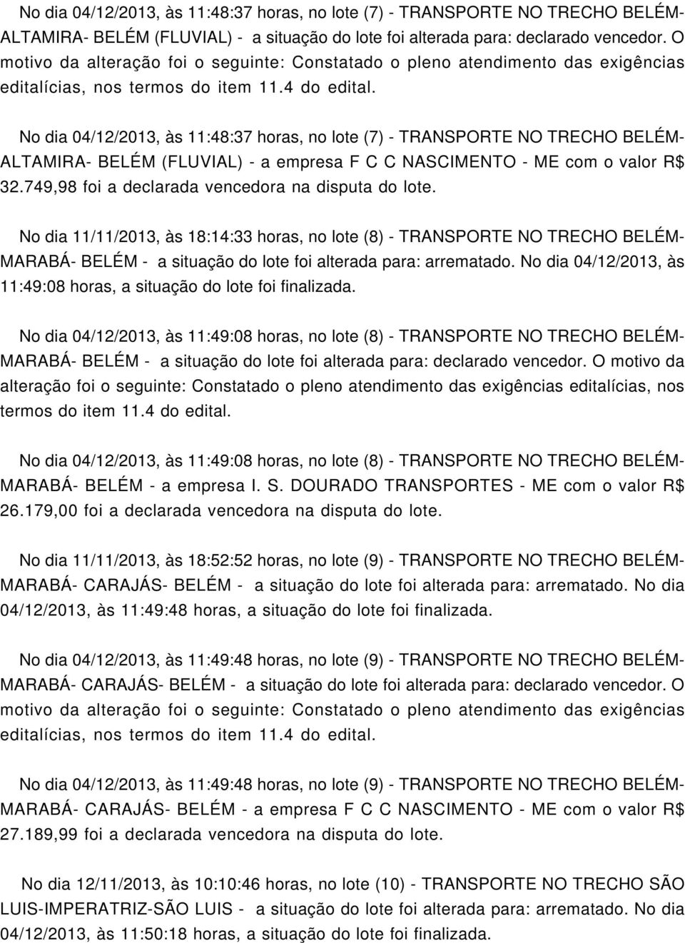 No dia 04/12/2013, às 11:48:37 horas, no lote (7) - TRANSPORTE NO TRECHO BELÉM- ALTAMIRA- BELÉM (FLUVIAL) - a empresa F C C NASCINTO - com o valor R$ 32.