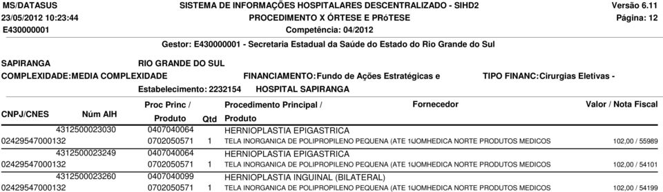 100 JOMHEDICA NORTE PRODUTOS MEDICOS 102,00 / 55989 4312500023249 0407040064 HERNIOPLASTIA EPIGASTRICA 02429547000132 0702050571 1 TELA INORGANICA DE POLIPROPILENO PEQUENA (ATE 100 JOMHEDICA NORTE