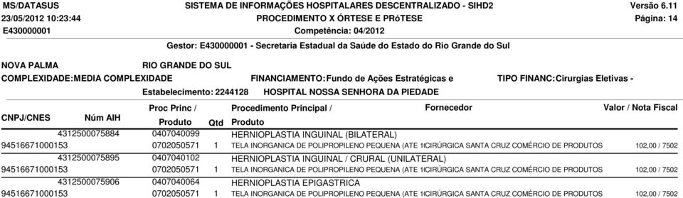 POLIPROPILENO PEQUENA (ATE 100 CIRÚRGICA SANTA CRUZ COMÉRCIO DE PRODUTOS 102,00 / 7502 4312500075895 0407040102 HERNIOPLASTIA INGUINAL / CRURAL (UNILATERAL) 94516671000153 0702050571 1 TELA