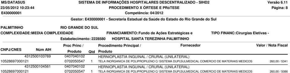 (UNILATERAL) 10528697000121 0702050547 1 TELA INORGANICA DE POLIPROPILENO C/ SISTEMA DUPLO SULMEDICAL COMERCIO DE MATERIAIS MEDICOS 260,00 / 5341 4312500104561 0407040102