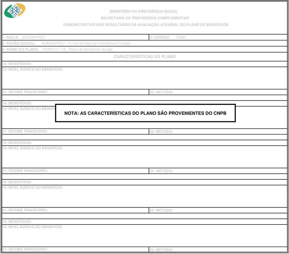 MÉTODO: 18- BENEFÍCIOS: 19- NÍVEL BÁSICO DO BENEFÍCIO: NOTA: AS CARACTERÍSTICAS DO PLANO SÃO PROVENIENTES DO CNPB 21- REGIME FINANCEIRO: