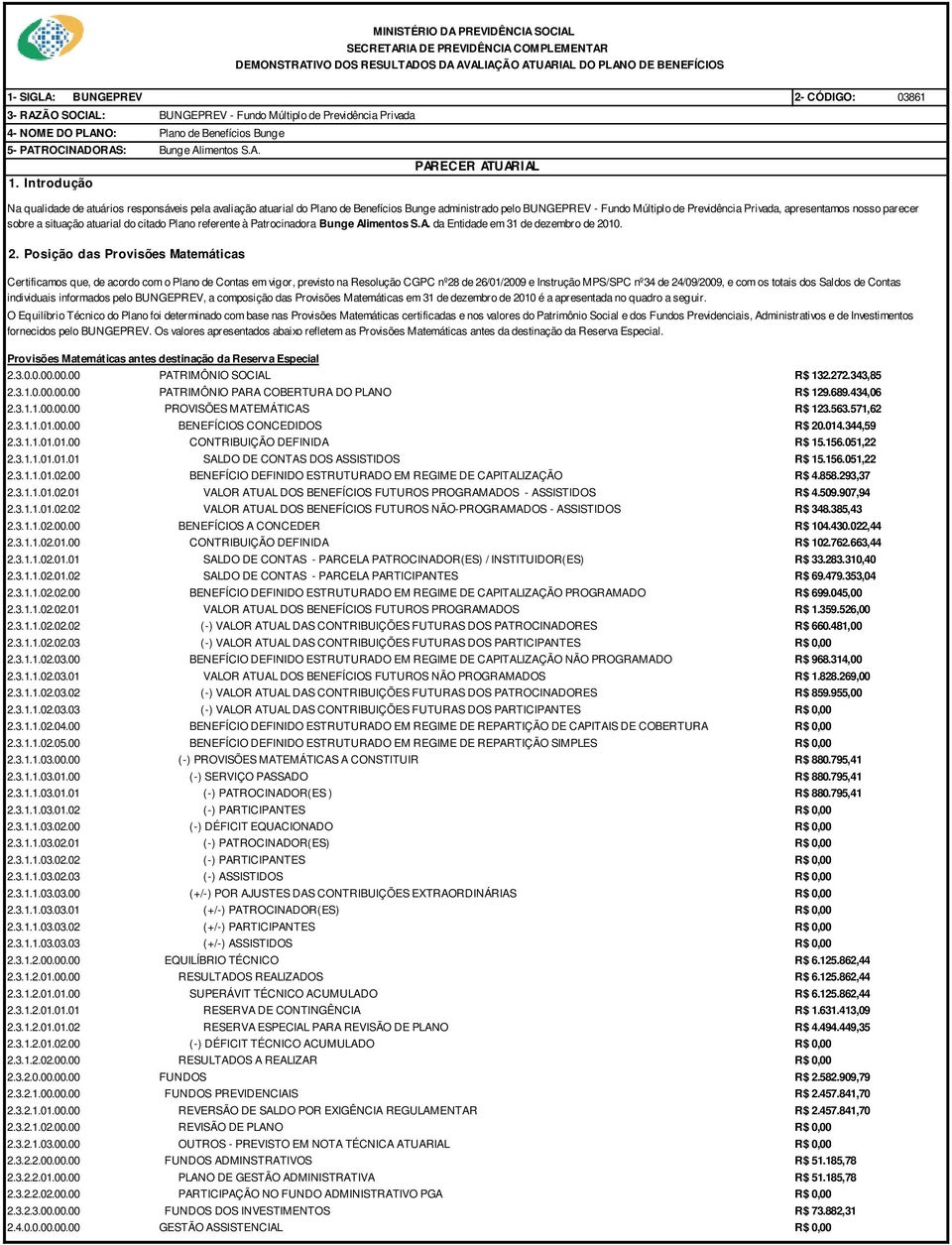 apresentamos nosso parecer sobre a situação atuarial do citado Plano referente à Patrocinadora Bunge Alimentos S.A. da Entidade em 31 de dezembro de 21