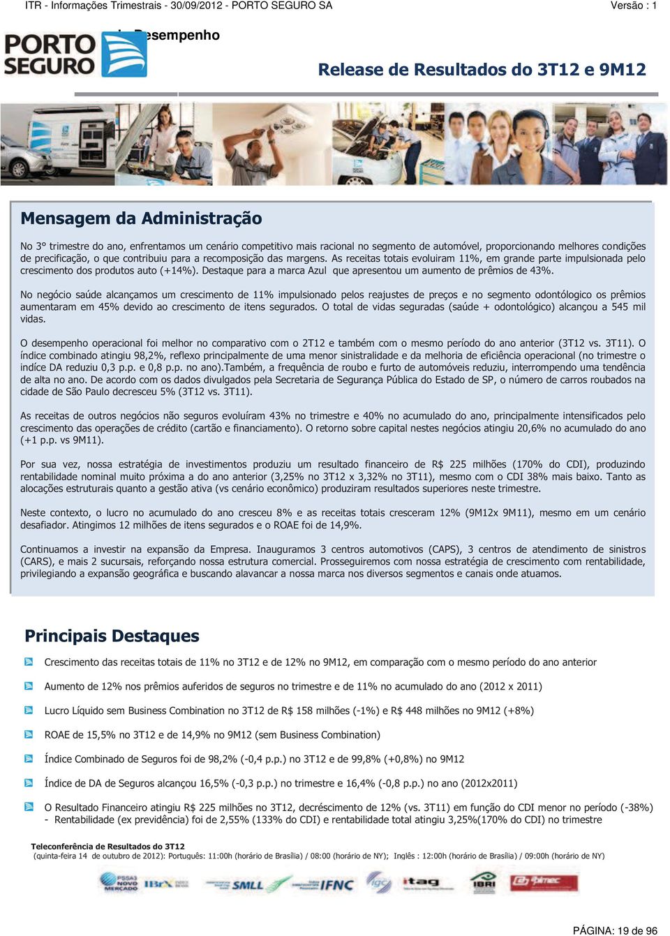 As receitas totais evoluiram 11%, em grande parte impulsionada pelo crescimento dos produtos auto (+14%). Destaque para a marca Azul que apresentou um aumento de prêmios de 43%.