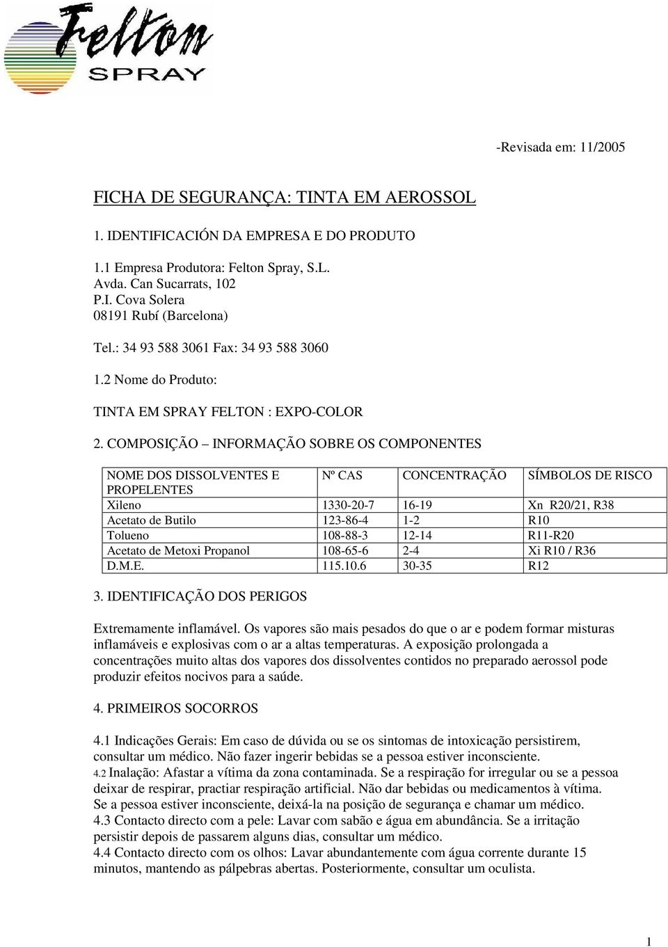 COMPOSIÇÃO INFORMAÇÃO SOBRE OS COMPONENTES NOME DOS DISSOLVENTES E Nº CAS CONCENTRAÇÃO SÍMBOLOS DE RISCO Xileno 1330-20-7 16-19 Xn R20/21, R38 Acetato de Butilo 123-86-4 1-2 R10 Tolueno 108-88-3