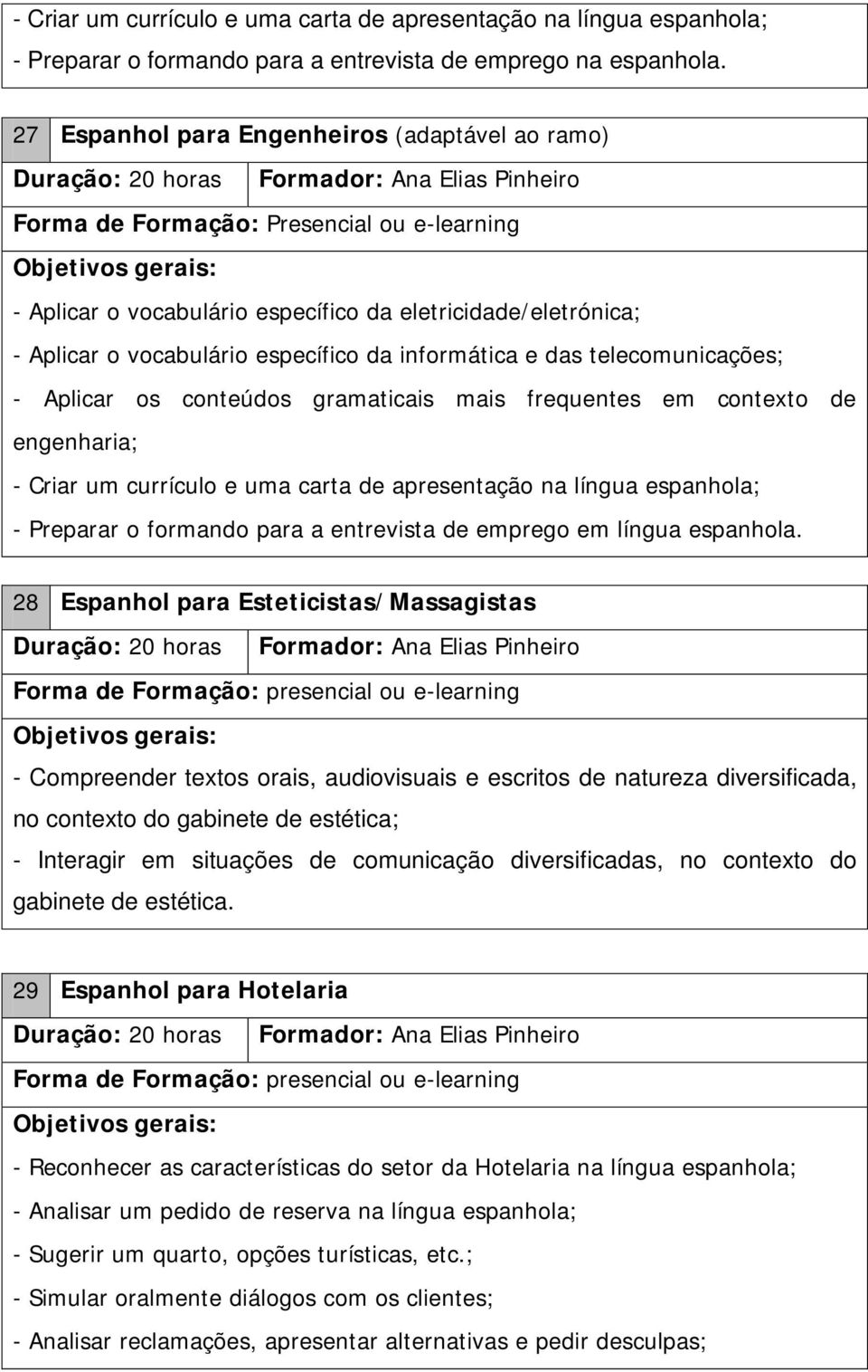 eletricidade/eletrónica; - Aplicar o vocabulário específico da informática e das telecomunicações; - Aplicar os conteúdos gramaticais mais frequentes em contexto de engenharia; - Criar um currículo e