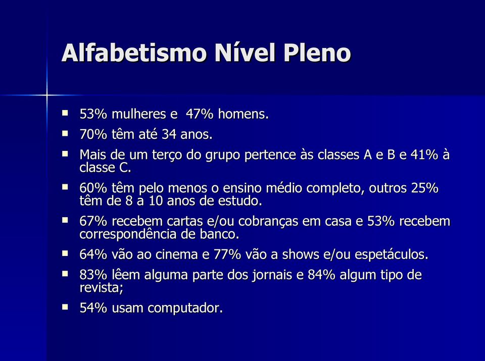 60% têm pelo menos o ensino médio completo, outros 25% têm de 8 a 10 anos de estudo.