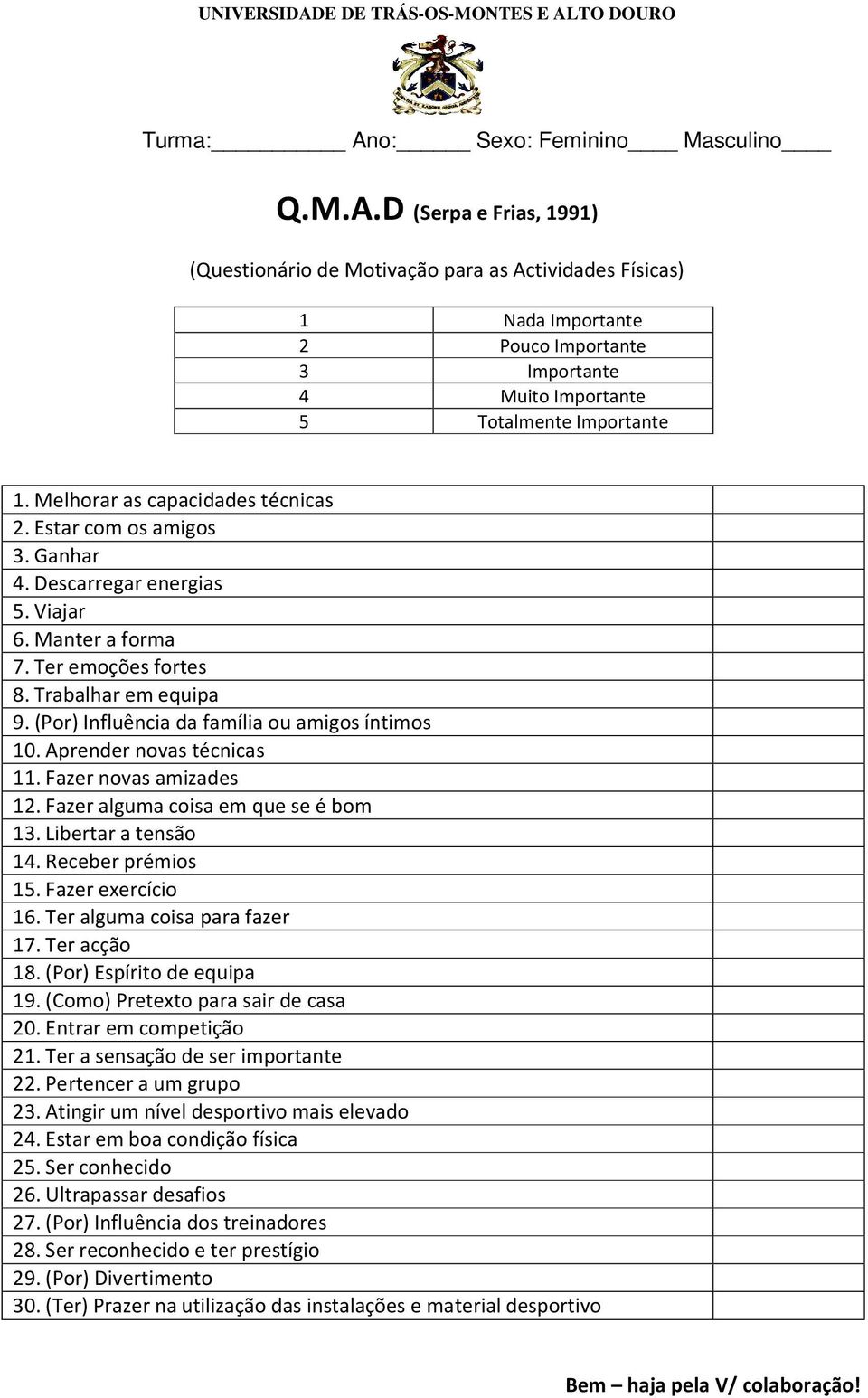 (Por) Influência da família ou amigos íntimos 10. Aprender novas técnicas 11. Fazer novas amizades 12. Fazer alguma coisa em que se é bom 13. Libertar a tensão 14. Receber prémios 15.