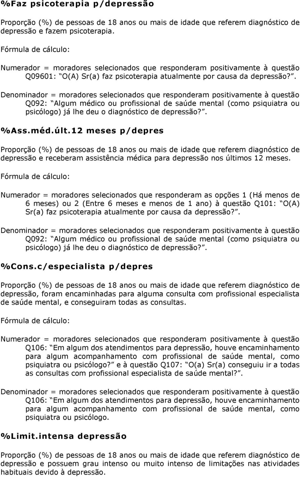 . Denominador = moradores selecionados que responderam positivamente à questão Q092: Algum médico ou profissional de saúde mental (como psiquiatra ou psicólogo) já lhe deu o diagnóstico de depressão?