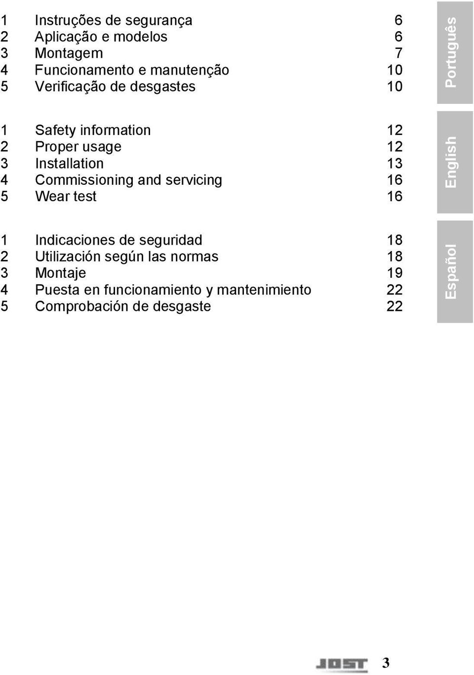 Installation Commissioning and servicing Wear test 12 12 13 16 16 1 2 3 4 5 Indicaciones de seguridad