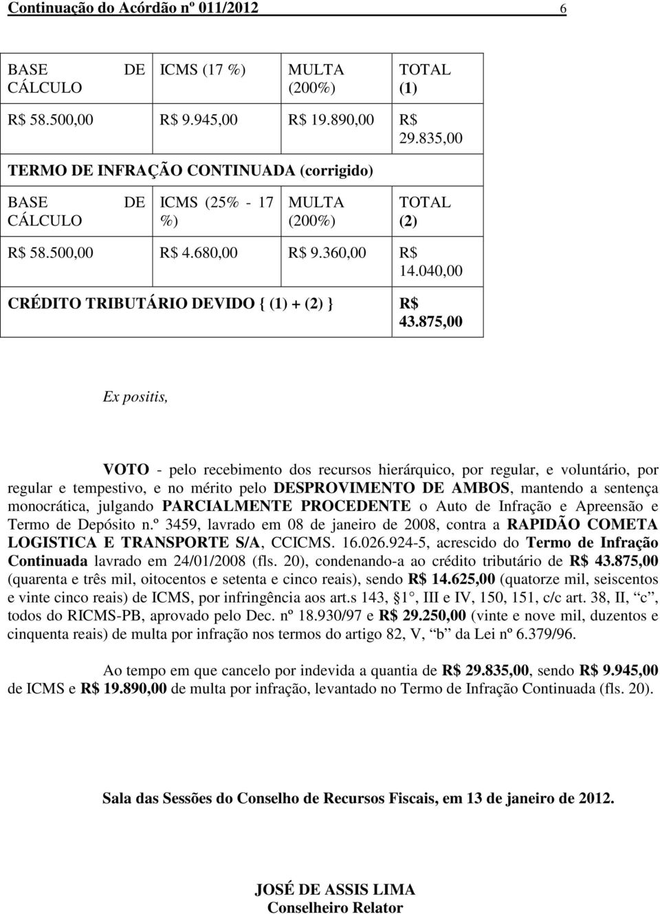 040,00 CRÉDITO TRIBUTÁRIO DEVIDO { (1) + (2) } R$ 43.