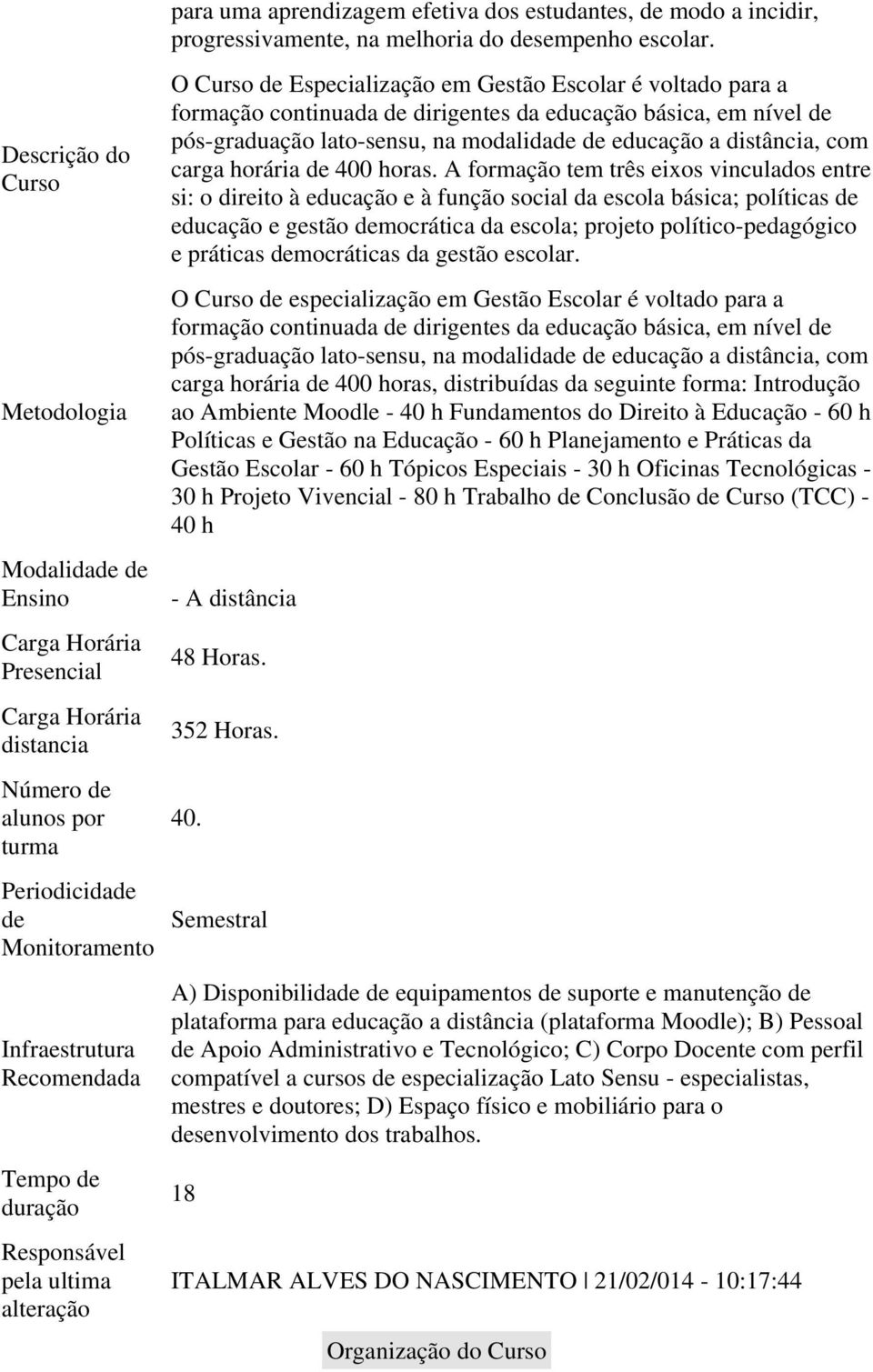 O Curs Especializaçã em Gestã Esclar é vltad para a frmaçã cntinuada dirigentes da educaçã básica, em nível pós-graduaçã lat-sensu, na mdalida educaçã a distância, cm carga hrária 400 hras.