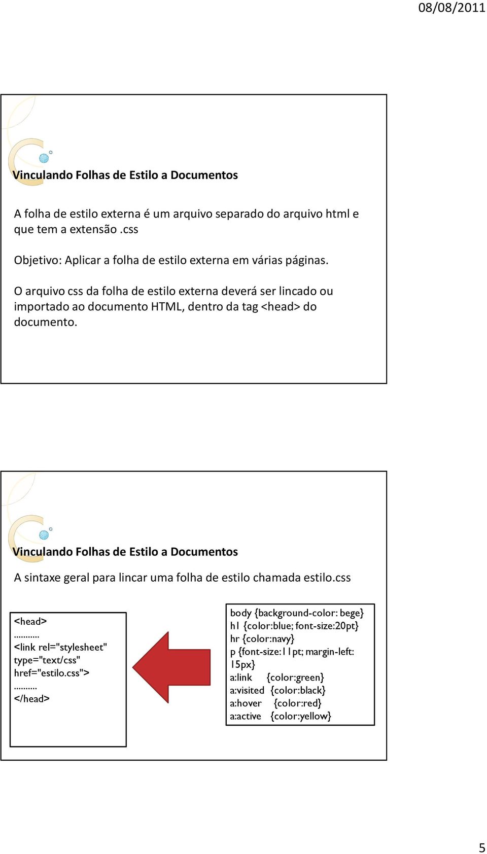 A sintaxe geral para lincar uma folha de estilo chamada estilo.css <head>... <link rel="stylesheet" type="text/css" href="estilo.css">.