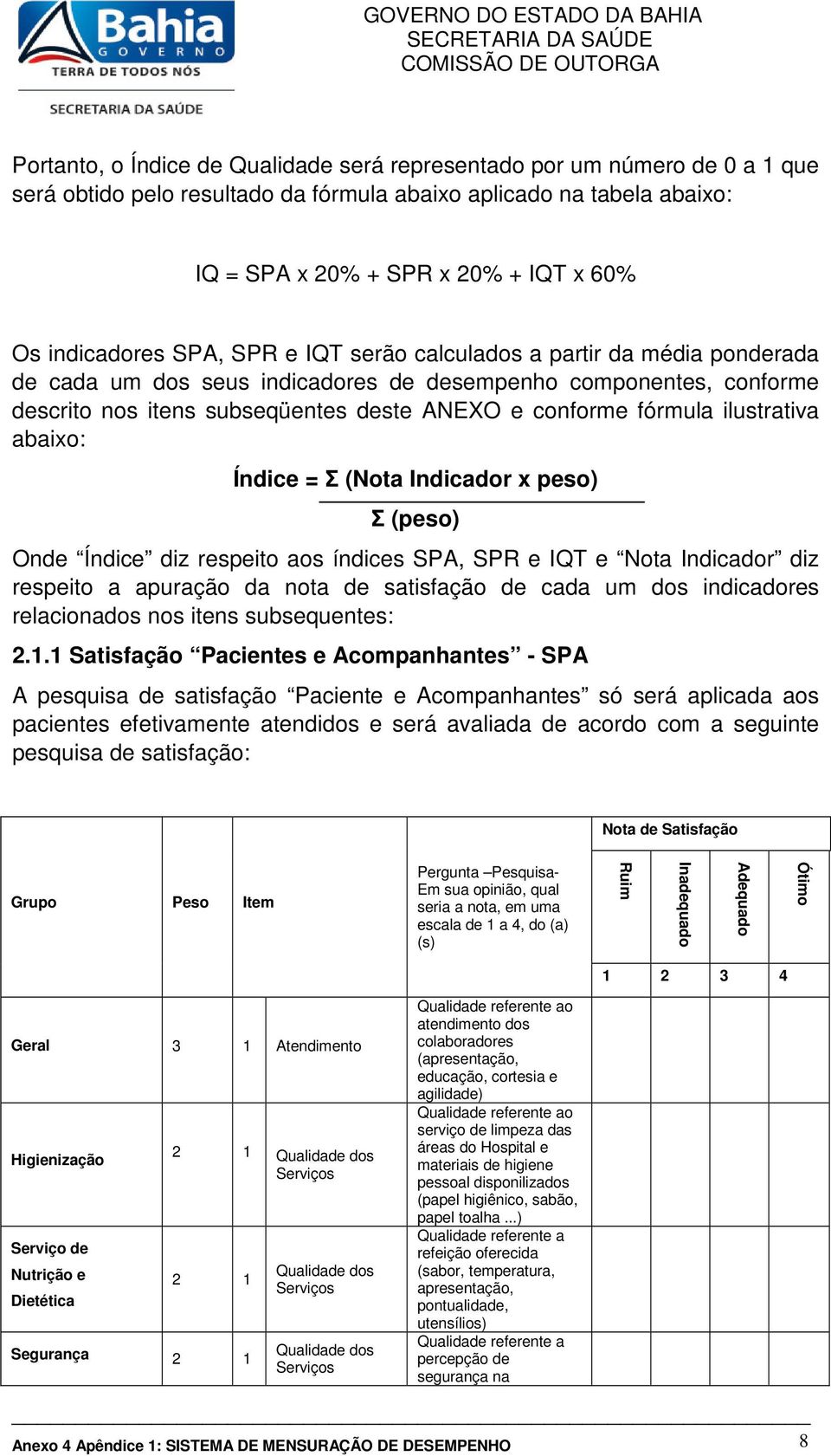 ilustrativa abaixo: Índice = Σ (Nota Indicador x peso) Σ (peso) Onde Índice diz respeito aos índices SPA, SPR e IQT e Nota Indicador diz respeito a apuração da nota de satisfação de cada um dos