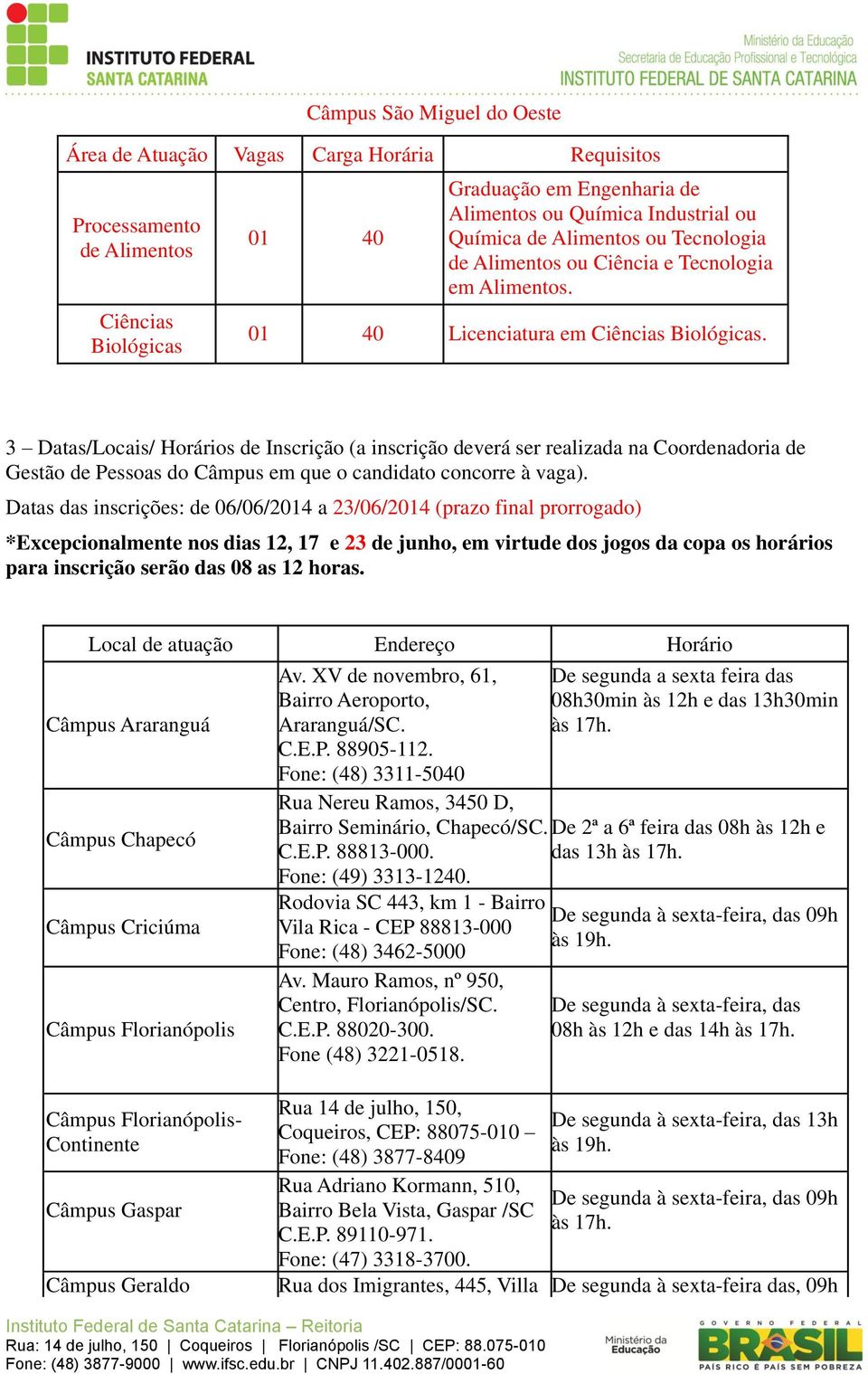 3 Datas/Locais/ Horários de Inscrição (a inscrição deverá ser realizada na Coordenadoria de Gestão de Pessoas do Câmpus em que o candidato concorre à vaga).