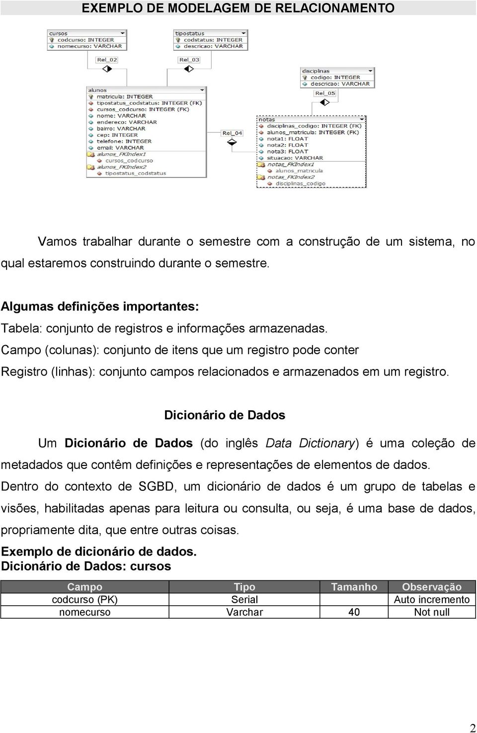 Campo (colunas): conjunto de itens que um registro pode conter Registro (linhas): conjunto campos relacionados e armazenados em um registro.