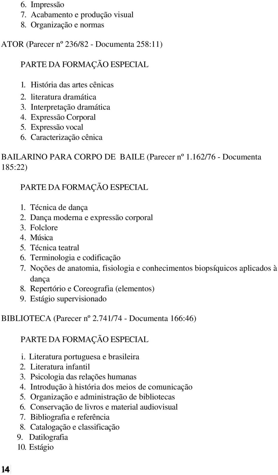 Folclore 4. Música 5. Técnica teatral 6. Terminologia e codificação 7. Noções de anatomia, fisiologia e conhecimentos biopsíquicos aplicados à dança 8. Repertório e Coreografia (elementos) 9.