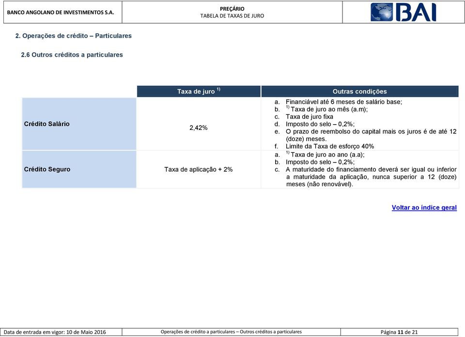 b. Taxa de juro ao mês (m); c. Taxa de juro fixa d. Imposto do selo 0,2%; e. O prazo de reembolso do capital mais os juros é de até 12 (doze) meses. f. Limite da Taxa de esforço 40% 1) Taxa de juro ao ano (a); c.