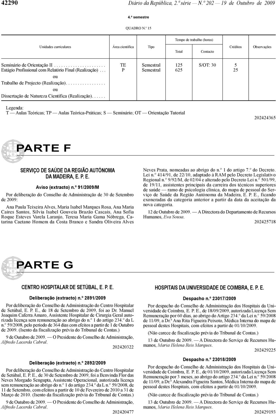 ..... P Semestral 625 25 Legenda: T Aulas Teóricas; TP Aulas Teórica -Práticas; S Seminário; OT Orientação Tutorial 202424365 PARTE F SERVIÇO DE SAÚDE DA REGIÃO AUTÓNOMA DA MADEIRA, E.