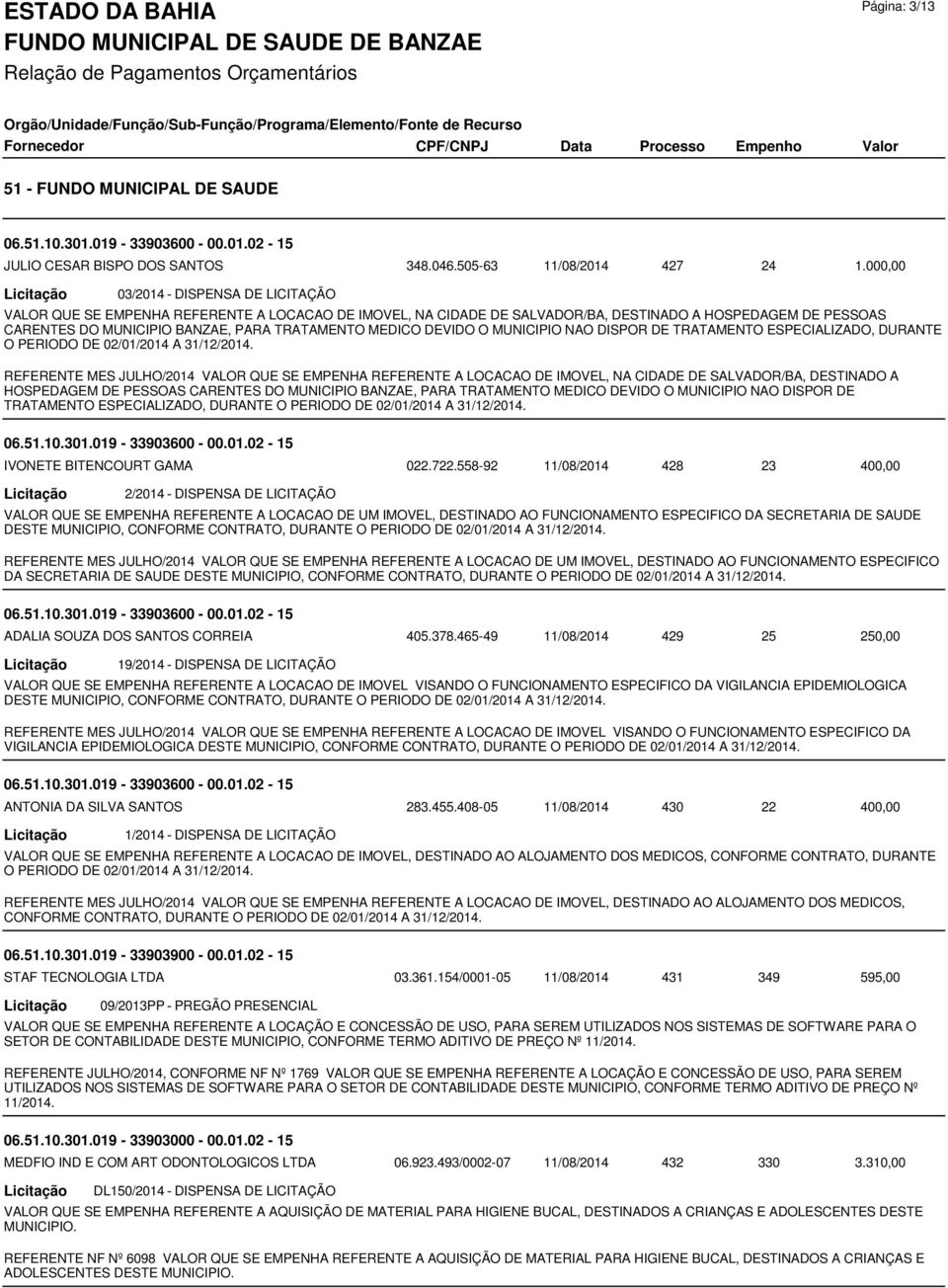 NAO DISPOR DE TRATAMENTO ESPECIALIZADO, DURANTE O PERIODO DE 02/01/2014 A 31/12/2014.