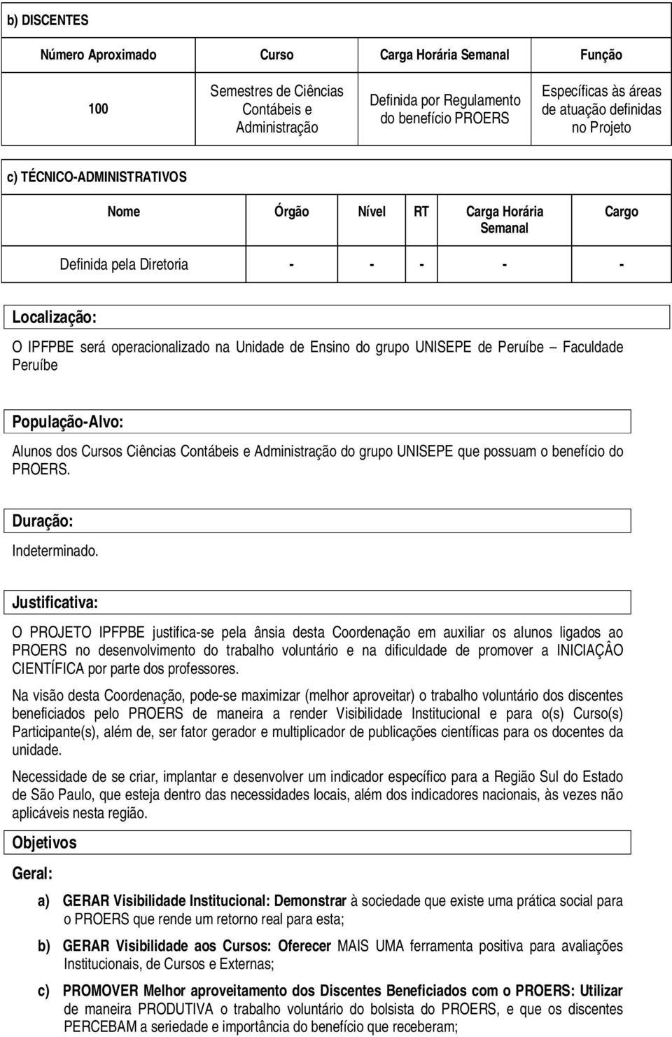 Peruíbe Ppulaçã-Alv: Aluns ds Curss Ciências Cntábeis e Administraçã d grup UNISEPE que pssuam benefíci d PROERS. Duraçã: Indeterminad.