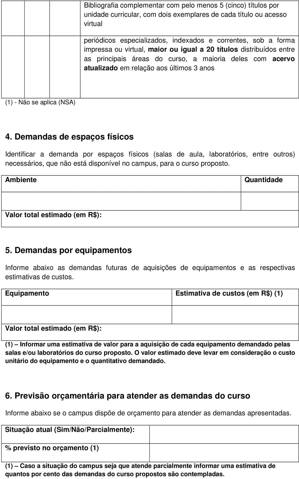 Demandas de espaços físicos Identificar a demanda por espaços físicos (salas de aula, laboratórios, entre outros) necessários, que não está disponível no campus, para o curso proposto.