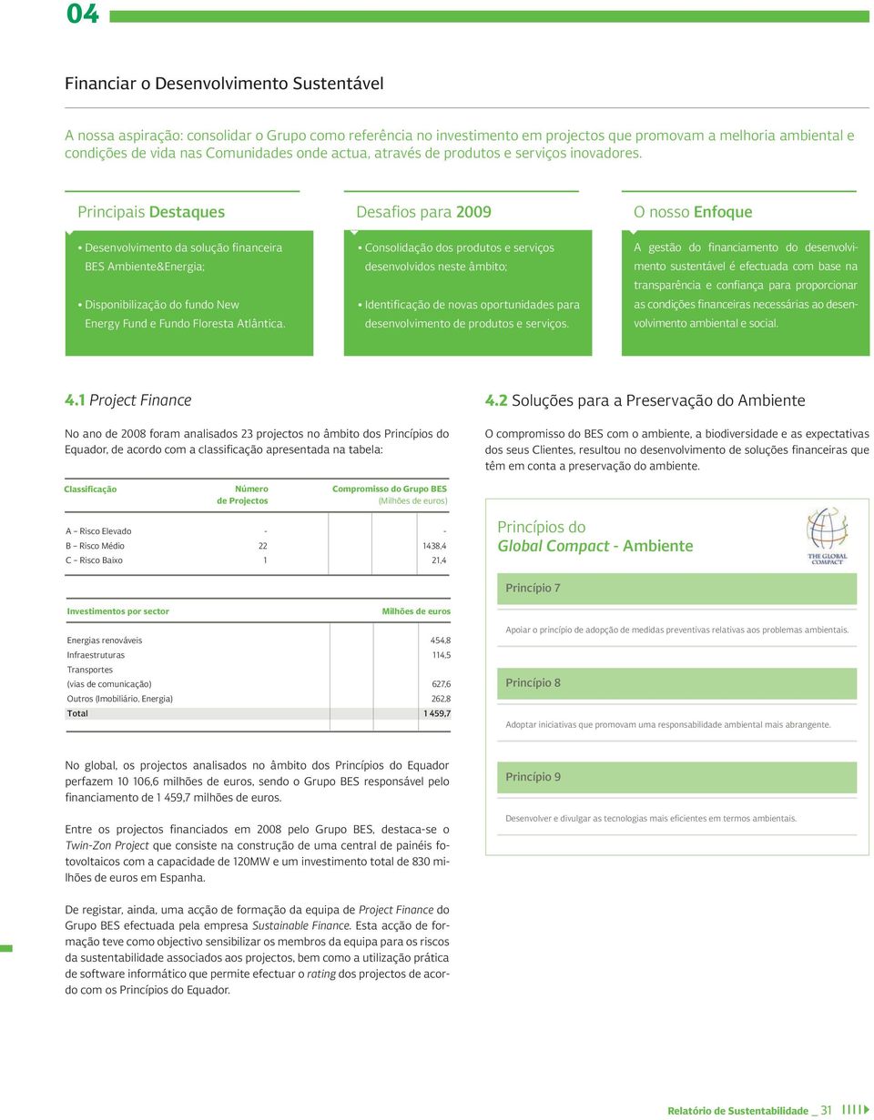 Principais Destaques Desafios para 2009 O nosso Enfoque Desenvolvimento da solução financeira BES Ambiente&Energia; Disponibilização do fundo New Energy Fund e Fundo Floresta Atlântica.