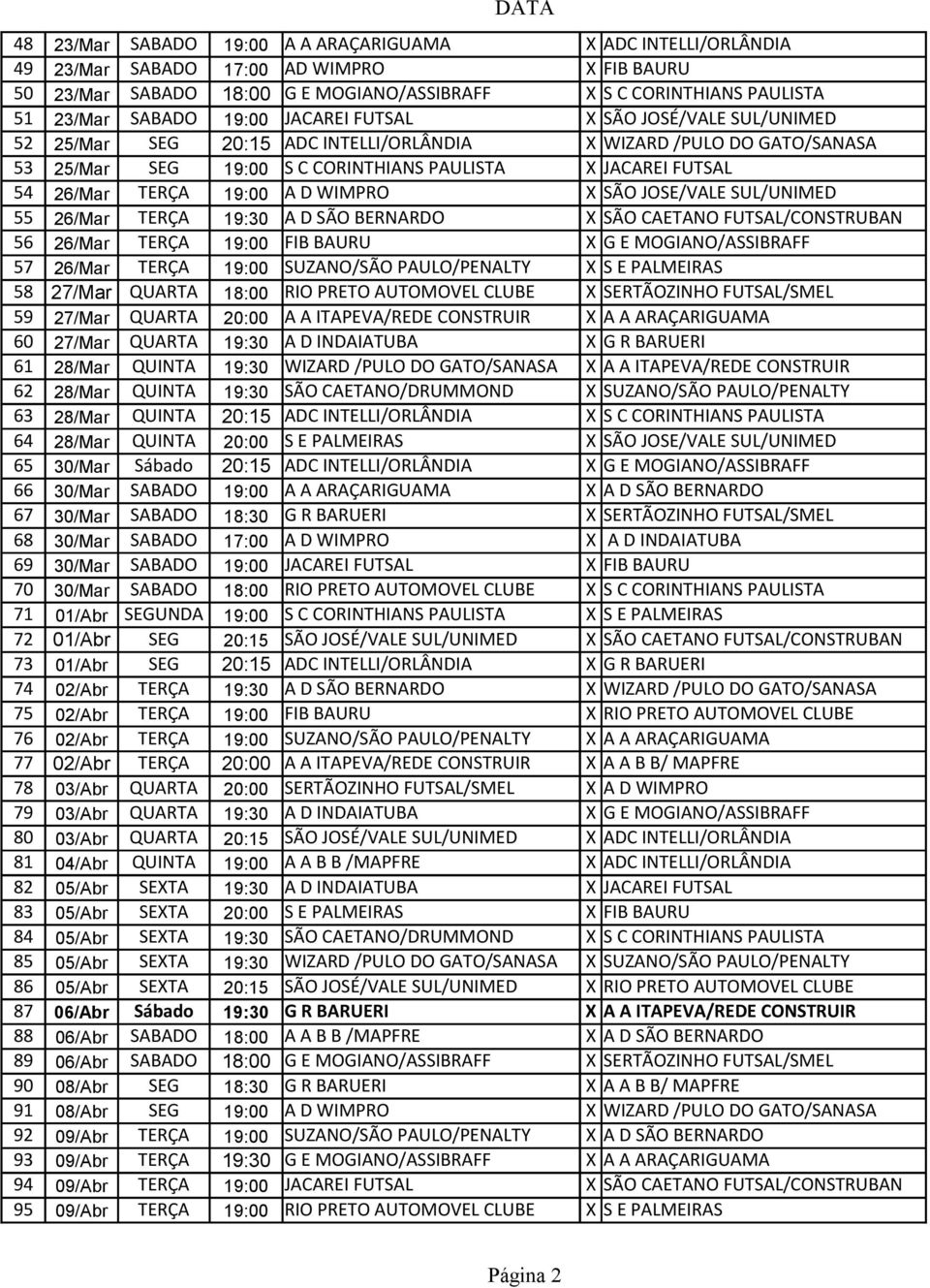 19:00 A D WIMPRO X SÃO JOSE/VALE SUL/UNIMED 55 26/Mar TERÇA 19:30 A D SÃO BERNARDO X SÃO CAETANO FUTSAL/CONSTRUBAN 56 26/Mar TERÇA 19:00 FIB BAURU X G E MOGIANO/ASSIBRAFF 57 26/Mar TERÇA 19:00