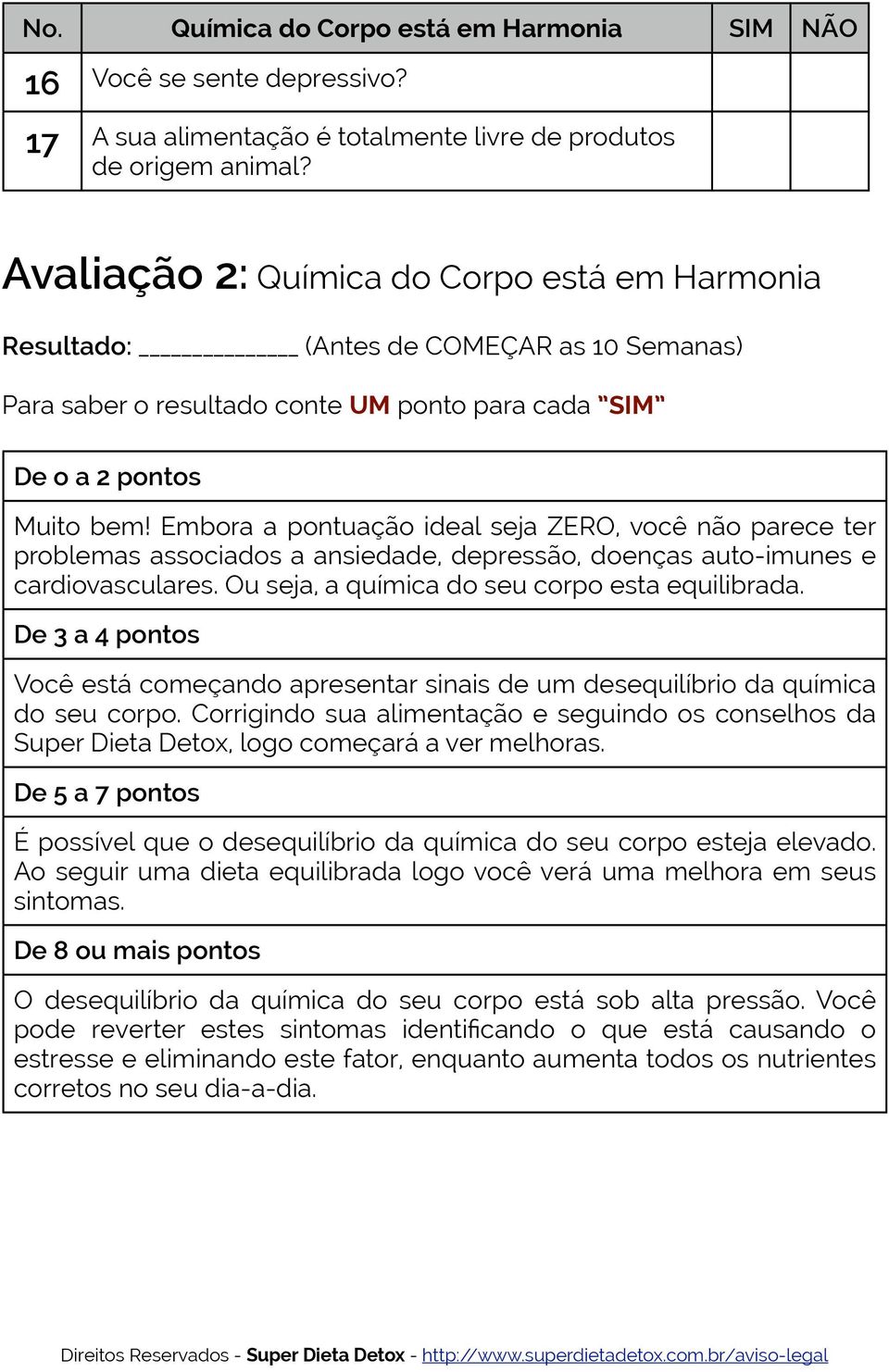 Embora a pontuação ideal seja ZERO, você não parece ter problemas associados a ansiedade, depressão, doenças auto-imunes e cardiovasculares. Ou seja, a química do seu corpo esta equilibrada.